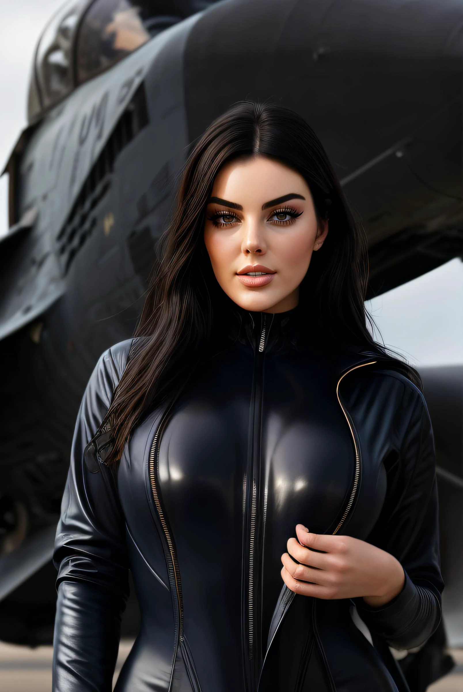photo of (KatyJ0R43lyn02-1500:0.99), a woman as a sexy air pilot, (sexy open zipper suit with cleavage:1.2), (in a hangar), (in front of a fighter aircraft:1.1), modelshoot style, (extremely detailed CG unity 8k wallpaper), photo of the most beautiful artwork in the world, professional majestic oil painting by Ed Blinkey, Atey Ghailan, Studio Ghibli, by Jeremy Mann, Greg Manchess, Antonio Moro, trending on ArtStation, trending on CGSociety, Intricate, High Detail, (Sharp focus:1.1), dramatic, photorealistic painting art by midjourney and greg rutkowski, ((looking at viewer:1.2)), (detailed pupils:1.3), (revealing outfit:1.2), (closeup:1.1), <lora:add_detail:0.5> <lora:LowRa_2:0.5>, <lora:reflect-000008:0.2>