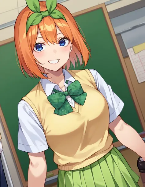 score_9, score_8_up, score_7_up, source_anime,
yotsubanakano, <lora:yotsuba-nakano-pruned-ponyxl-lora-nochekaiser:1>, 
yotsuba nakano, bangs, short hair, blue eyes, hair between eyes, hair ribbon, hairband, orange hair, green ribbon, smile, grin, mature female,
skirt, shirt, bow, ribbon, school uniform, white shirt, short sleeves, pleated skirt, shoes, socks, collared shirt, miniskirt, bowtie, black footwear, kneehighs, green skirt, black socks, loafers, green bow, sweater vest, green ribbon, yellow sweater vest,
indoors, classroom, 
looking at viewer, cowboy shot, dutch angle,
