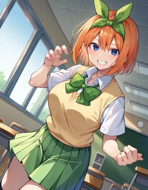 score_9, score_8_up, score_7_up, source_anime,
yotsubanakano, <lora:yotsuba-nakano-pruned-ponyxl-lora-nochekaiser:1>,
yotsuba nakano, bangs, short hair, blue eyes, hair between eyes, hair ribbon, hairband, orange hair, green ribbon, smile, grin, mature female,
skirt, shirt, bow, ribbon, school uniform, white shirt, short sleeves, pleated skirt, shoes, socks, collared shirt, miniskirt, bowtie, black footwear, kneehighs, green skirt, black socks, loafers, green bow, sweater vest, green ribbon, yellow sweater vest,
indoors, classroom,
looking at viewer, cowboy shot, dynamic pose, dutch angle,