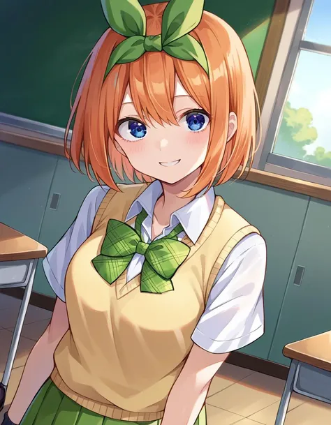 score_9, score_8_up, score_7_up, source_anime,
yotsubanakano, <lora:yotsuba-nakano-pruned-ponyxl-lora-nochekaiser:1>, 
yotsuba nakano, bangs, short hair, blue eyes, hair between eyes, hair ribbon, hairband, orange hair, green ribbon, smile,
skirt, shirt, bow, ribbon, school uniform, white shirt, short sleeves, pleated skirt, shoes, socks, collared shirt, miniskirt, bowtie, black footwear, kneehighs, green skirt, black socks, loafers, green bow, sweater vest, green ribbon, yellow sweater vest,
indoors, classroom, 
looking at viewer, cowboy shot, dutch angle,