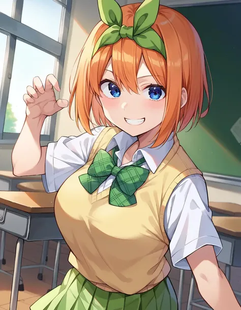 score_9, score_8_up, score_7_up, source_anime,
yotsubanakano, <lora:yotsuba-nakano-pruned-ponyxl-lora-nochekaiser:1>,
yotsuba nakano, bangs, short hair, blue eyes, hair between eyes, hair ribbon, hairband, orange hair, green ribbon, smile, grin, mature female,
skirt, shirt, bow, ribbon, school uniform, white shirt, short sleeves, pleated skirt, shoes, socks, collared shirt, miniskirt, bowtie, black footwear, kneehighs, green skirt, black socks, loafers, green bow, sweater vest, green ribbon, yellow sweater vest,
indoors, classroom,
looking at viewer, cowboy shot, dynamic pose, dutch angle,