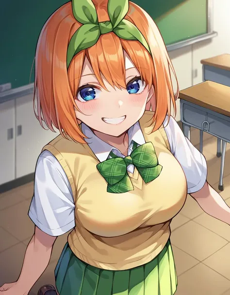 score_9, score_8_up, score_7_up, source_anime,
yotsubanakano, <lora:yotsuba-nakano-pruned-ponyxl-lora-nochekaiser:1>,
yotsuba nakano, bangs, short hair, blue eyes, hair between eyes, hair ribbon, hairband, orange hair, green ribbon, smile, grin, mature female,
skirt, shirt, bow, ribbon, school uniform, white shirt, short sleeves, pleated skirt, shoes, socks, collared shirt, miniskirt, bowtie, black footwear, kneehighs, green skirt, black socks, loafers, green bow, sweater vest, green ribbon, yellow sweater vest,
indoors, classroom,
looking at viewer, cowboy shot, dutch angle,