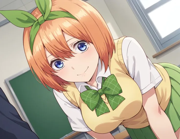 score_9, score_8_up, score_7_up, source_anime,
yotsubanakano, <lora:yotsuba-nakano-s1-ponyxl-lora-nochekaiser:1>, 
yotsuba nakano, bangs, short hair, blue eyes, hair between eyes, hair ribbon, hairband, orange hair, green ribbon, mature female,
skirt, shirt, bow, ribbon, school uniform, white shirt, short sleeves, pleated skirt, collared shirt, miniskirt, bowtie, kneehighs, green skirt, green bow, sweater vest, green ribbon, yellow sweater vest,
indoors, classroom, bent over, smile,
looking at viewer, cowboy shot, dutch angle, solo,