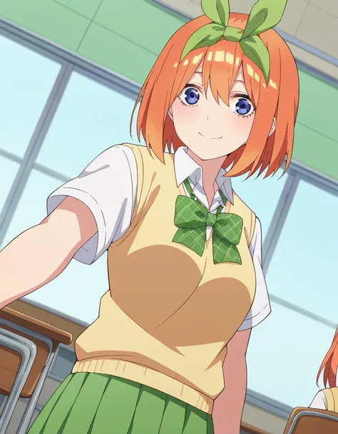 score_9, score_8_up, score_7_up, source_anime,
yotsubanakano, <lora:yotsuba-nakano-s2-ponyxl-lora-nochekaiser:1>, 
yotsuba nakano, bangs, short hair, blue eyes, hair between eyes, hair ribbon, hairband, orange hair, green ribbon, mature female,
skirt, shirt, bow, ribbon, school uniform, white shirt, short sleeves, pleated skirt, collared shirt, miniskirt, bowtie, kneehighs, green skirt, green bow, sweater vest, green ribbon, yellow sweater vest,
indoors, classroom, smile,
looking at viewer, cowboy shot, dutch angle, solo,