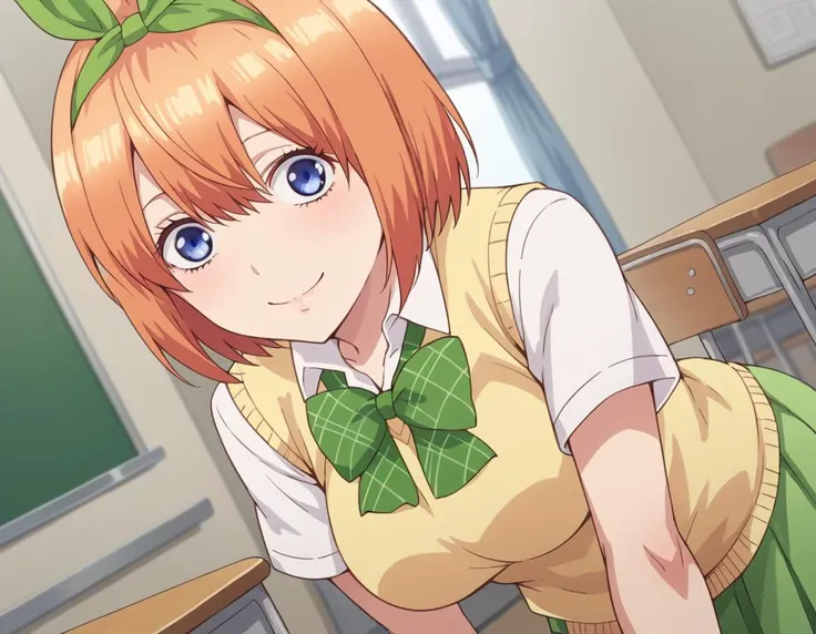 score_9, score_8_up, score_7_up, source_anime,
yotsubanakano, <lora:yotsuba-nakano-s1-ponyxl-lora-nochekaiser:1>,
yotsuba nakano, bangs, short hair, blue eyes, hair between eyes, hair ribbon, hairband, orange hair, green ribbon, mature female,
skirt, shirt, bow, ribbon, school uniform, white shirt, short sleeves, pleated skirt, collared shirt, miniskirt, bowtie, kneehighs, green skirt, green bow, sweater vest, green ribbon, yellow sweater vest,
indoors, classroom, bent over, smile,
looking at viewer, cowboy shot, dutch angle, solo,