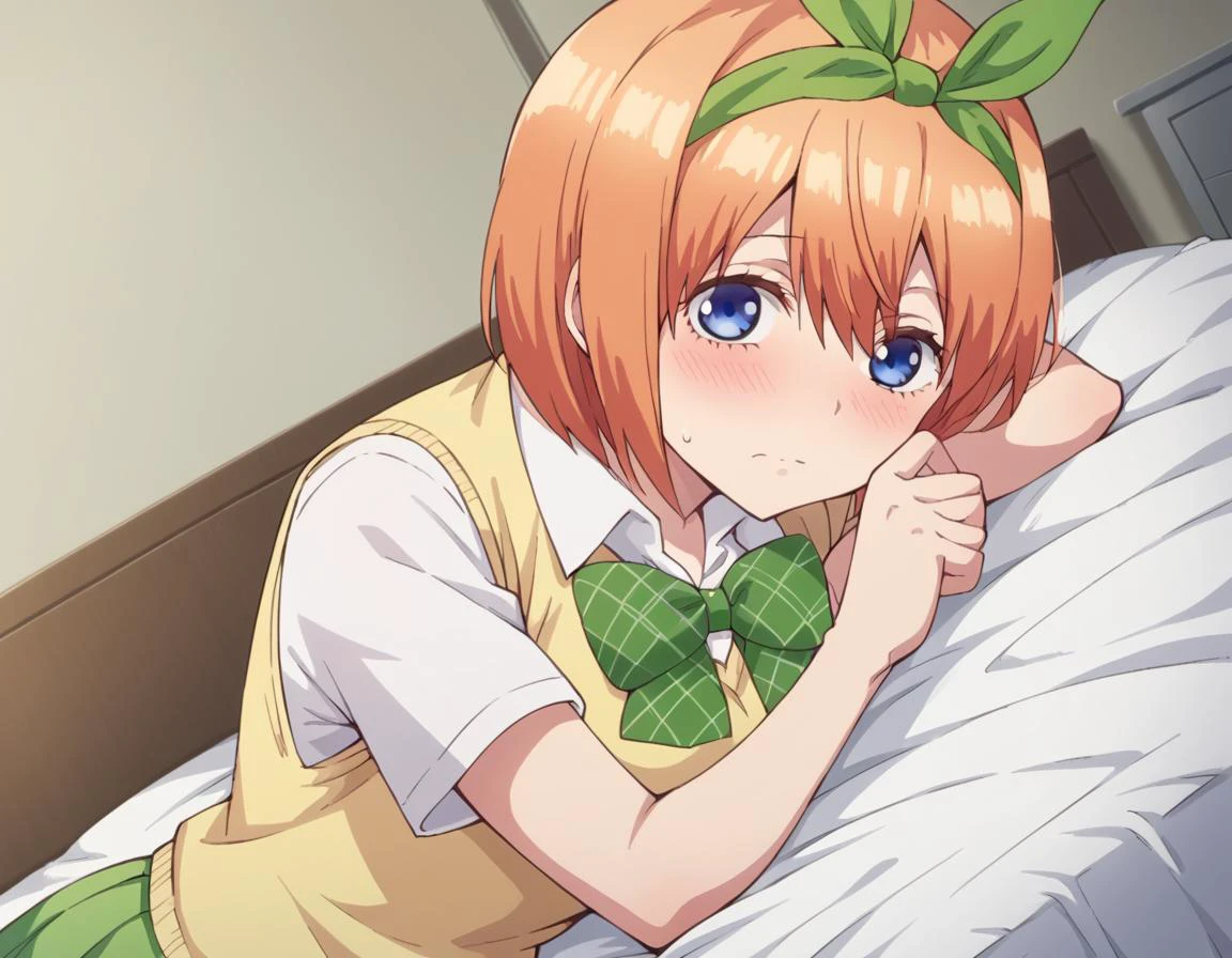 score_9, score_8_up, score_7_up, source_anime,
yotsubanakano, <lora:yotsuba-nakano-s1-ponyxl-lora-nochekaiser:1>,
yotsuba nakano, bangs, short hair, blue eyes, hair between eyes, hair ribbon, hairband, orange hair, green ribbon, mature female,
skirt, shirt, bow, ribbon, school uniform, white shirt, short sleeves, pleated skirt, collared shirt, miniskirt, bowtie, kneehighs, green skirt, green bow, sweater vest, green ribbon, yellow sweater vest,
indoors, bed, bed room, on side, blush, drunk,
looking at viewer, cowboy shot, dutch angle, solo,