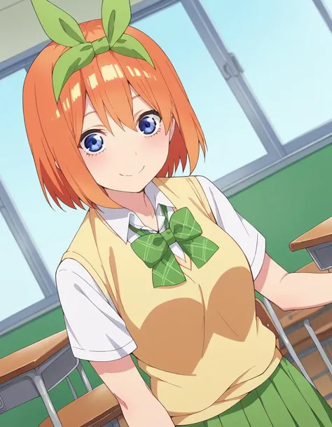 score_9, score_8_up, score_7_up, source_anime,
yotsubanakano, <lora:yotsuba-nakano-s2-ponyxl-lora-nochekaiser:1>, 
yotsuba nakano, bangs, short hair, blue eyes, hair between eyes, hair ribbon, hairband, orange hair, green ribbon, mature female,
skirt, shirt, bow, ribbon, school uniform, white shirt, short sleeves, pleated skirt, collared shirt, miniskirt, bowtie, kneehighs, green skirt, green bow, sweater vest, green ribbon, yellow sweater vest,
indoors, classroom, smile,
looking at viewer, cowboy shot, dutch angle, solo,