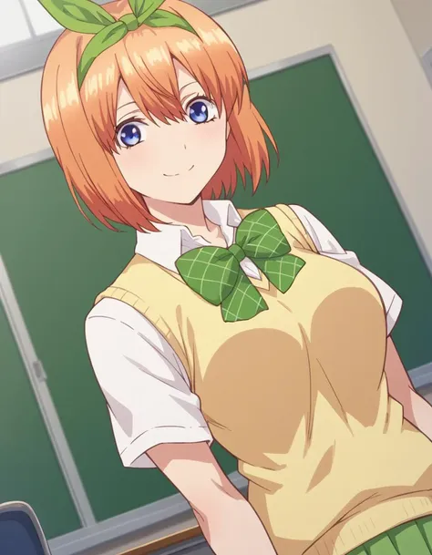 score_9, score_8_up, score_7_up, source_anime,
yotsubanakano, <lora:yotsuba-nakano-s1-ponyxl-lora-nochekaiser:1>, 
yotsuba nakano, bangs, short hair, blue eyes, hair between eyes, hair ribbon, hairband, orange hair, green ribbon, mature female,
skirt, shirt, bow, ribbon, school uniform, white shirt, short sleeves, pleated skirt, collared shirt, miniskirt, bowtie, kneehighs, green skirt, green bow, sweater vest, green ribbon, yellow sweater vest,
indoors, classroom, smile,
looking at viewer, cowboy shot, dutch angle, solo,