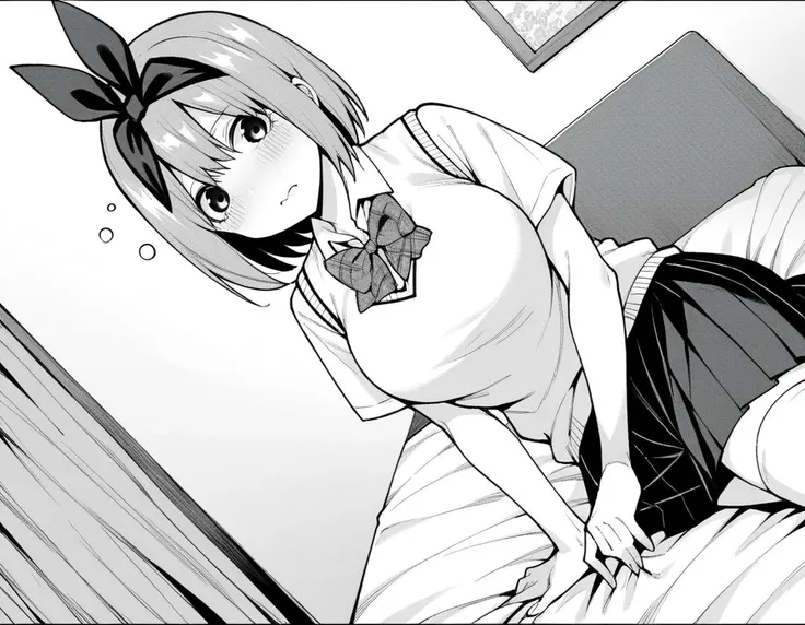 score_9, score_8_up, score_7_up, source_anime,
yotsubanakano, <lora:yotsuba-nakano-manga-ponyxl-lora-nochekaiser:1>,
yotsuba nakano, bangs, short hair, hair between eyes, hair ribbon, hairband, mature female, monochrome, greyscale,
skirt, shirt, bow, ribbon, school uniform, white shirt, short sleeves, pleated skirt, collared shirt, miniskirt, bowtie, kneehighs, sweater vest,
indoors, bed, bed room, on side, blush, drunk,
looking at viewer, cowboy shot, dutch angle, solo,