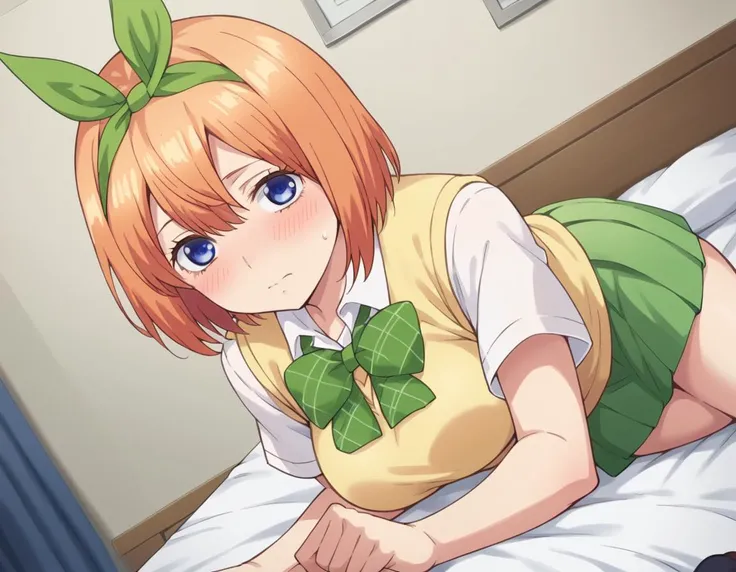 score_9, score_8_up, score_7_up, source_anime,
yotsubanakano, <lora:yotsuba-nakano-s1-ponyxl-lora-nochekaiser:1>,
yotsuba nakano, bangs, short hair, blue eyes, hair between eyes, hair ribbon, hairband, orange hair, green ribbon, mature female,
skirt, shirt, bow, ribbon, school uniform, white shirt, short sleeves, pleated skirt, collared shirt, miniskirt, bowtie, kneehighs, green skirt, green bow, sweater vest, green ribbon, yellow sweater vest,
indoors, bed, bed room, on side, blush, drunk,
looking at viewer, cowboy shot, dutch angle, solo,