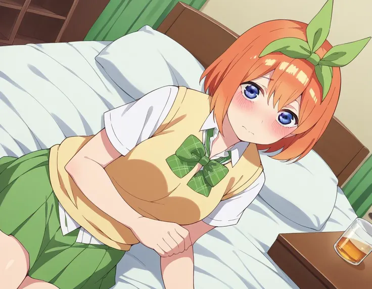 score_9, score_8_up, score_7_up, source_anime,
yotsubanakano, <lora:yotsuba-nakano-s2-ponyxl-lora-nochekaiser:1>, 
yotsuba nakano, bangs, short hair, blue eyes, hair between eyes, hair ribbon, hairband, orange hair, green ribbon, mature female,
skirt, shirt, bow, ribbon, school uniform, white shirt, short sleeves, pleated skirt, collared shirt, miniskirt, bowtie, kneehighs, green skirt, green bow, sweater vest, green ribbon, yellow sweater vest,
indoors, bed, bed room, on side, blush, drunk,
looking at viewer, cowboy shot, dutch angle, solo,