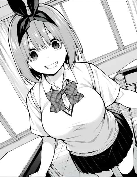 score_9, score_8_up, score_7_up, source_anime,
yotsubanakano, <lora:yotsuba-nakano-manga-ponyxl-lora-nochekaiser:1>,
yotsuba nakano, bangs, short hair, hair between eyes, hair ribbon, hairband, mature female, monochrome, greyscale,
skirt, shirt, bow, ribbon, school uniform, white shirt, short sleeves, pleated skirt, collared shirt, miniskirt, bowtie, kneehighs, sweater vest,
indoors, classroom, bent over, smile, grin,
looking at viewer, cowboy shot, dutch angle, solo,