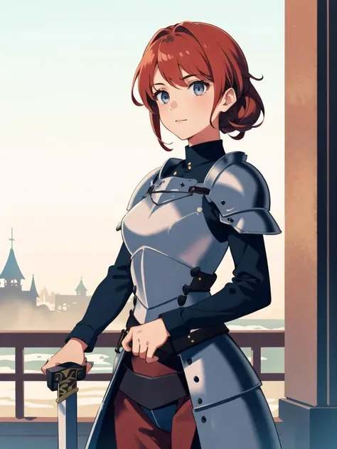 1girl, female knight, full metal armor, red hair, grey eyes, holding sword, castle, sidelighting, (cowboy shot:1.2),