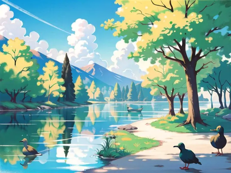 landscape, port, lake, trees, ducks, sunny,