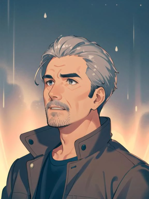 (solo:1.2), 1boy, grey hair, old man, brown jacket, sunset, grey eyes, raining,