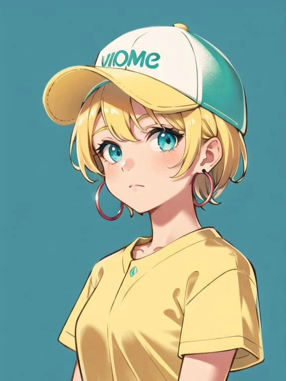 1girl, aqua eyes, baseball cap, blonde hair, closed mouth, earrings, green background, white hat, hoop earrings, jewelry, looking at viewer, shirt, short hair, simple background, solo, upper body, (yellow shirt:1.2),