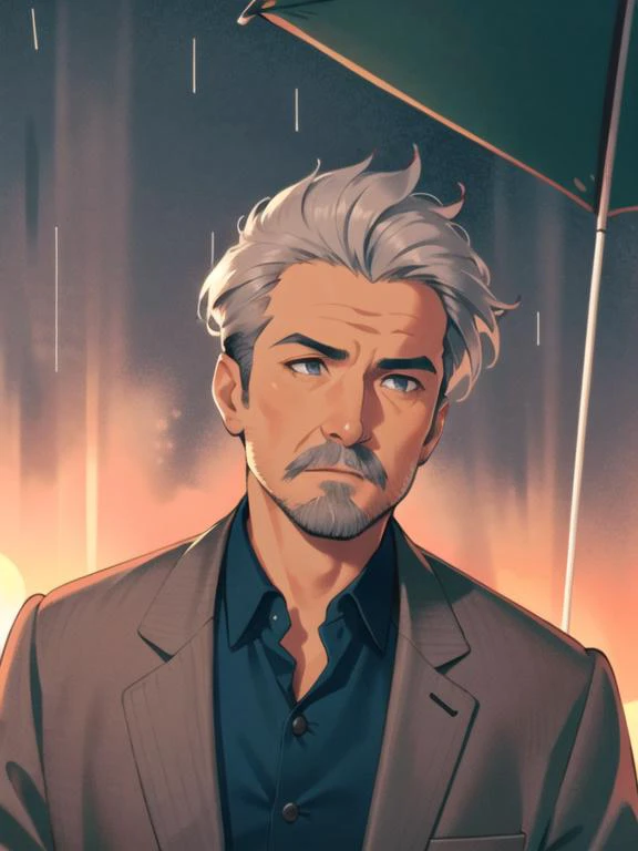 (solo:1.2), 1boy, grey hair, old man, brown jacket, sunset, grey eyes, raining,