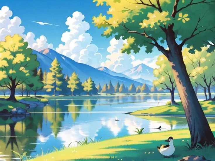 landscape, port, lake, trees, ducks, sunny,