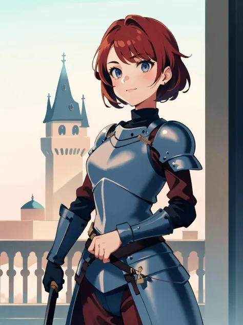 1girl, female knight, full metal armor, red hair, grey eyes, holding sword, castle, sidelighting, (cowboy shot:1.2),