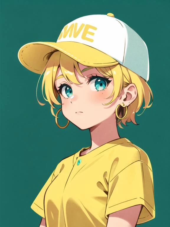 1girl, aqua eyes, baseball cap, blonde hair, closed mouth, earrings, green background, white hat, hoop earrings, jewelry, looking at viewer, shirt, short hair, simple background, solo, upper body, (yellow shirt:1.2),