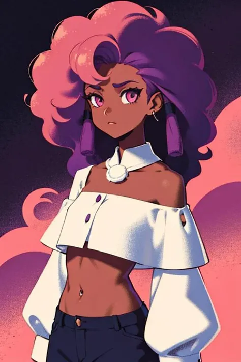 a woman with afro hair and a white shirt is standing in front of a purple sky with clouds and a pink hair, upperbody, midriff, Brom, flat colors, a character portrait, digital art, dark-skinned_female, dark_skin, navel_piercing, off_shoulder, pink_hair, stunishing_background, purple_background, sky, long_hair