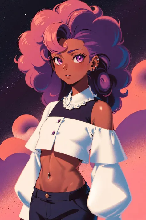a woman with afro hair and a white shirt is standing in front of a purple sky with clouds and a pink hair, upperbody, midriff, Brom, flat colors, a character portrait, digital art, dark-skinned_female, dark_skin, navel_piercing, off_shoulder, pink_hair, stunishing_background, purple_background, sky, long_hair