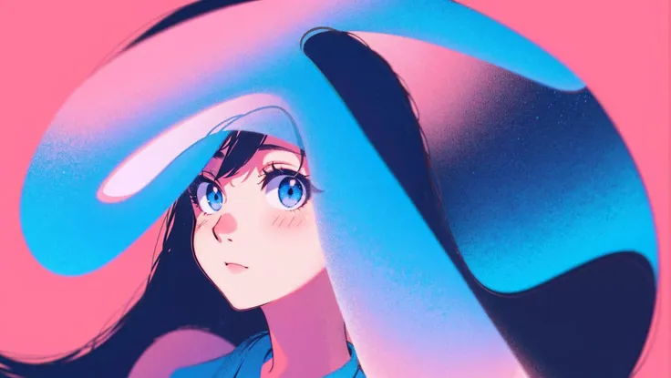 a girl with long hair and a watch on her wrist looking at the camera with a pink background and a blue sky, Constant, vaporwave colors, a character portrait, synchromism