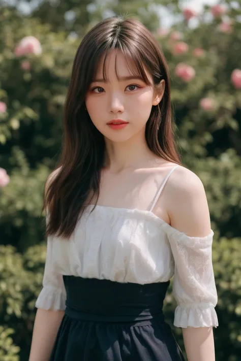 ujung1 a woman, (realistic), (hyperrealism), (photorealistic), depth of field, adult, (upper body:1.2), ((narrow waist:1.2)), eye makeup:0.5, looking at the viewer, portrait photo, black sleeved dress, at the rose garden, <lora:httpujung:0.35>