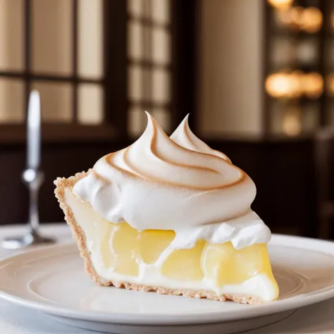 an lemon meringue cream pie, displayed on a fancy restaurant table, crisp sharp image, 8k uhd iconic, (highly detailed:0.9), (film grain:0.6), intricate background, stunning, professional great composition