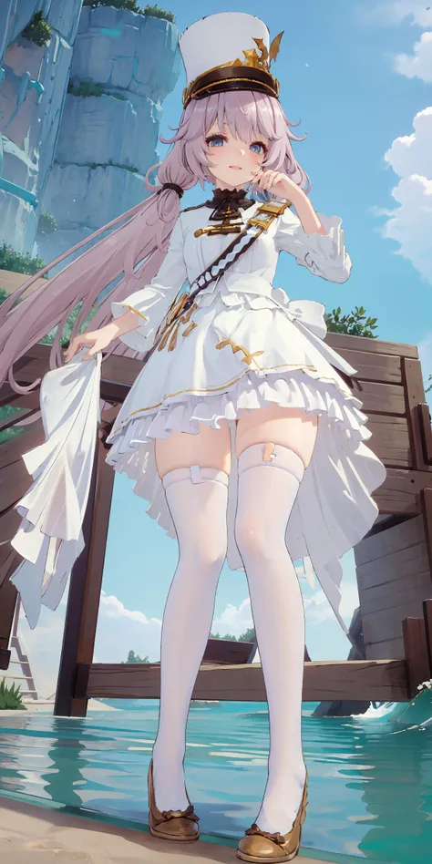 (best quality),(focus on legs:1.4)seaside,waves,blue sky background,(8 year old girl:1.5),long hair,pink hair,<lora:é
æçèä½ChihunHentaifascinating body Lora:0.4>,ChihunHentai,(seductive smile:0.8),(full body:0.4)frill,<lora:Molinia:0.75>,white hat,looking at viewer,(from below:1.2),<lora:WPF-000010Enhanced White Pantyhose:0.2>,railing,<lora:xuegao:0.5>,(plump legs:0.85),(garter straps:0.85),