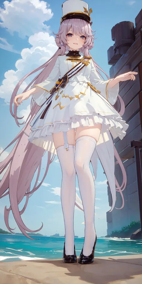 (best quality),(focus on legs:1.4)seaside,waves,blue sky background,(8 girl:1.5),long hair,pink hair,<lora:é
æçèä½ChihunHentaifascinating body Lora:0.4>,ChihunHentai,(seductive smile:0.8),(full body:0.4)frill,<lora:Molinia:0.75>,white hat,looking at viewer,(from below:1.2),<lora:WPF-000010Enhanced White Pantyhose:0.2>,railing,<lora:xuegao:0.5>,(plump legs:0.85),(garter straps:0.85),
