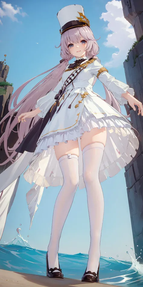 (best quality),(focus on legs:1.4)seaside,waves,blue sky background,(8 year old girl:1.5),long hair,pink hair,<lora:é
æçèä½ChihunHentaifascinating body Lora:0.4>,ChihunHentai,(seductive smile:0.8),(full body:0.4)frill,<lora:Molinia:0.75>,white hat,looking at viewer,(from below:1.2),<lora:WPF-000010Enhanced White Pantyhose:0.2>,railing,<lora:xuegao:0.5>,(plump legs:0.85),(garter straps:0.85),