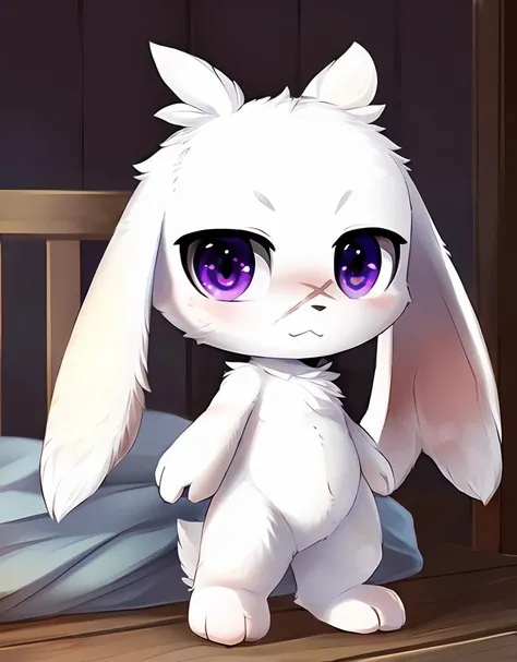 Anime - style image of a white bunny with purple eyes standing on a bed ...