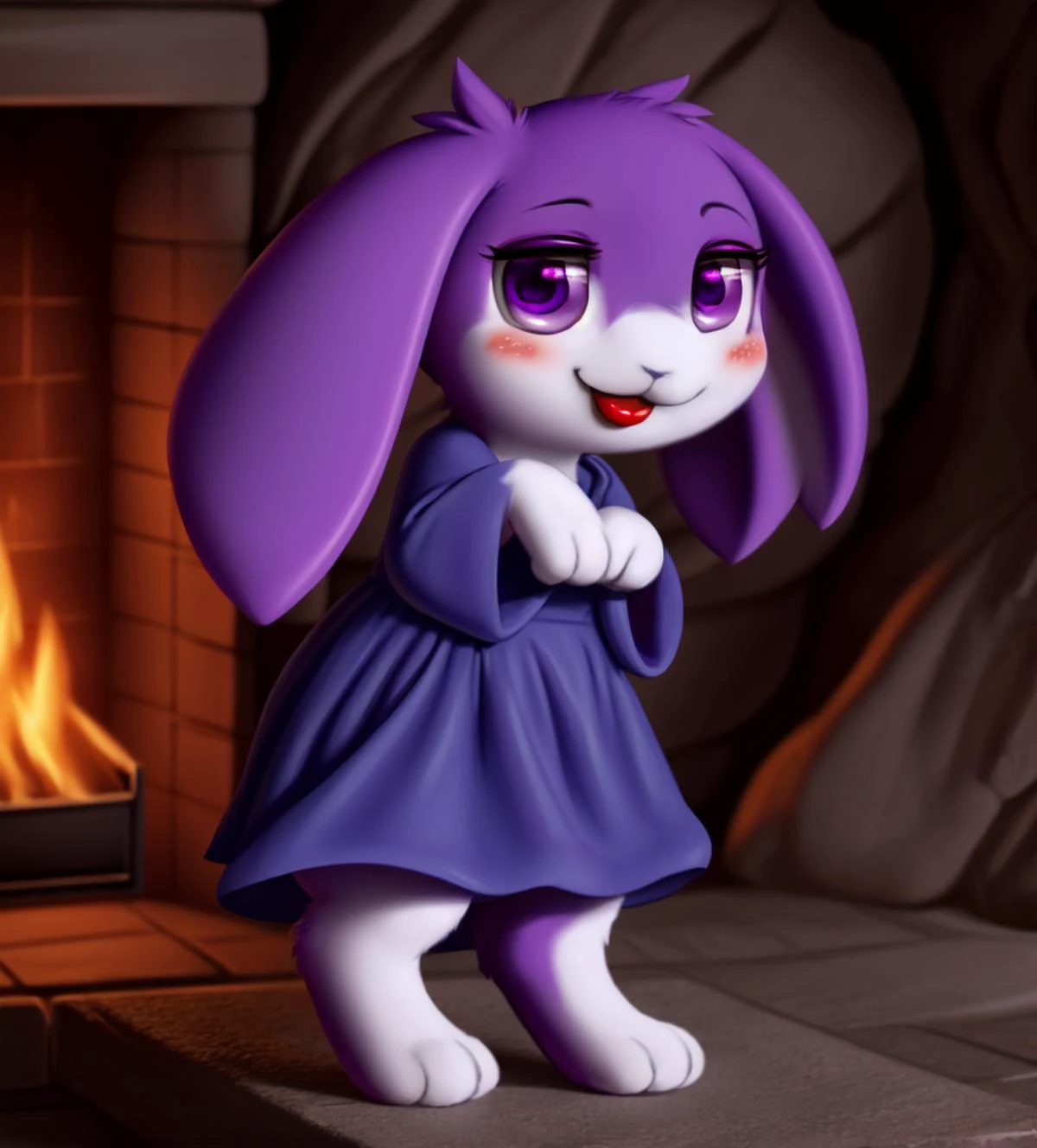 (master quality), perfect anatomy, highres, <lora:Mimiga:1> (chibi mimiga), :3, digitigrade, blue blouse/dress, steep cave, dramatic lighting, fluffy fur, big/purple eyes, fluffy tail, droopy ears, large droopy animal ears, droopy rabbit ears, night/dark, paws, solo/alone, purple fur, two-toned fur, close-up, happy, tanding, bed, fireplace, red lipstick, (cute), blush