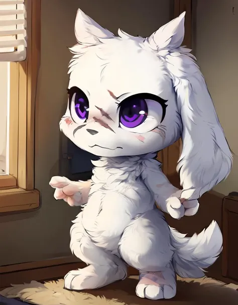 (((detailed eyes, detailed face))), (cute chibi mimiga <lora:Mimiga:0.9>, (king), (white fur:1.8), droopy ears, fluffy tail, scar on face, purple eyes, :<), male, (solo), (plump), (nude), standing, spreading arms, (by dagasi, by foxovh), bedroom, soft shading, masterpiece