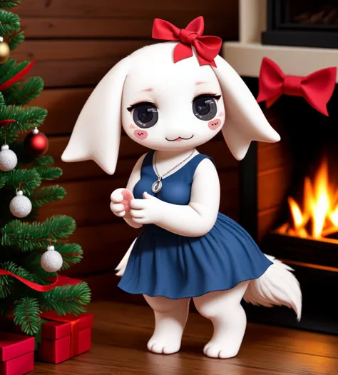 <lora:Mimiga:1> (solo chibi mimiga), alternate character,  blush stickers, :3, big black/oval eyes, solo/alone, silver fish necklace,  red dress, log cabin, short/tiny height/arms/legs, indoors, low lit, wooden fireplace:0.75, dramatic lighting, tail, large/big/oversized droopy ears, fluffy fur, sole focus, solo, ribbon/star hair/head accessory, close up, ribbon on head, perfect anatomy, highres, high res, happy, no humans, standing, digitigrade, christmas, (chibi), dramatic pose, thick thighs, small breasts