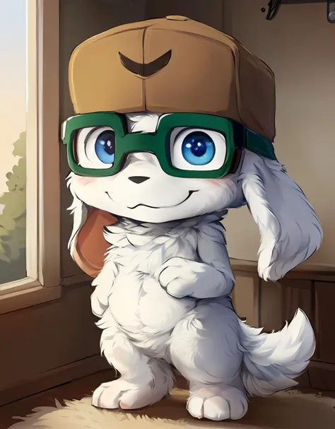 (((detailed eyes, detailed face))), (cute chibi mimiga <lora:Mimiga:0.9>, (jack), (white fur:1.8), droopy ears, fluffy tail, hat, green glasses, smile), male, (solo), (plump), (nude), standing, spreading arms, (by dagasi, by foxovh), bedroom, soft shading, masterpiece