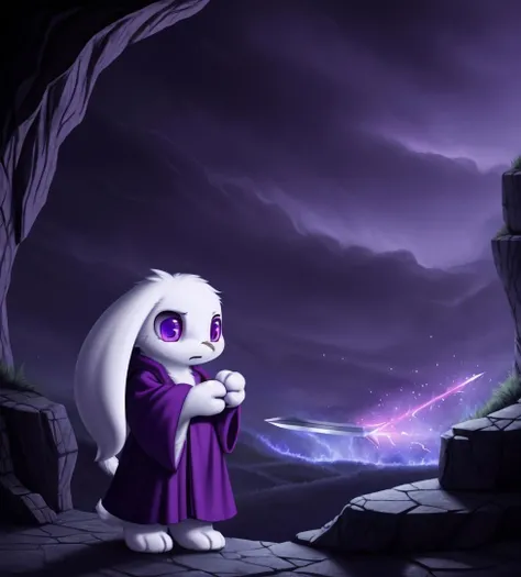 (master quality), perfect anatomy, highres, <lora:Mimiga:1> (cute chibi mimiga), :<, digitigrade, purple robe, narrow cave, dramatic lighting, fluffy fur, big/purple eyes, fluffy tail, sole focus, dramatic pose, droopy ears, large droopy animal ears, white fur, droopy rabbit ears, sky, (overcast), night, paws, solo/alone, scar on face, holding sword, sword, sparks