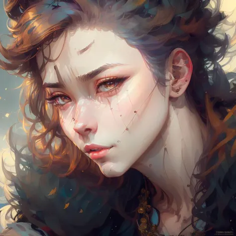 Create an image of a young woman, approximately 27 years old, presented as a superior entity or goddess from a tribal culture. The focus should be on the face, in close-up, captured at a specific oblique angle. She has light red, medium-length, slightly curly hair, adorned with delicate tribal-style tattoos that stretch across her face and neck. Furthermore, she must be adorned with tribal adornments, such as necklaces, earrings or crowns, highlighting her divine position. Her eyebrows should be finely shaped, and her eyes should be almond-shaped, light brown, expressive and medium in size. Her nose is delicate and slightly upturned, with discreet nostrils. Her lips are pink and slightly plump, showing a gentle and welcoming smile, with a subtle shine on her teeth. Her skin is clear and luminous, with a flawless, naturally radiant complexion. The expression on her face is majestic and confident, conveying a sense of power and wisdom, with a direct and engaging look. Please ensure that the generated image captures her full divinity and captivating personality, with accurate and realistic details in her physiognomy, facial expression and tribal adornments."