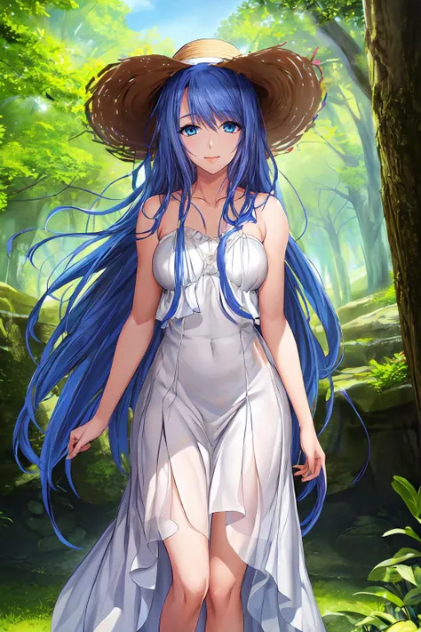 (masterpiece, best quality:1.2), extremely detailed CG unity 8k wallpaper, official art, 1girl, solo, smile,
Ellis_Xillia_V1, blue hair, long hair, very long hair, bangs, blue eyes, white hairband, bare neck, collarbone,
white dress, bare shoulders, straw hat,
standing,
outdoors, forest,
<lora:add_detail_CyberAlchemist:0.4>, <lora:GoodHands-beta2:0.8>, <lora:EllisXilliaV1-000010:0.8>