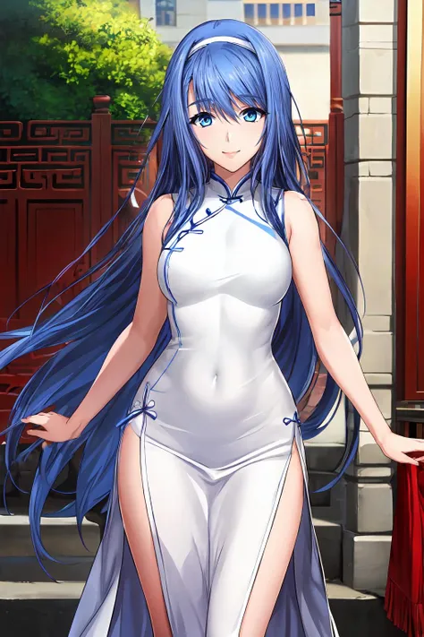 (masterpiece, best quality:1.2), extremely detailed CG unity 8k wallpaper, official art, 1girl, solo, smile,
Ellis_Xillia_V1, blue hair, long hair, very long hair, bangs, blue eyes, white hairband,
chinese clothes, china dress, (white dress:1.2), sleeveless, side slit,
standing,
outdoors,
<lora:add_detail_CyberAlchemist:0.4>, <lora:GoodHands-beta2:0.8>, <lora:EllisXilliaV1-000010:0.8>