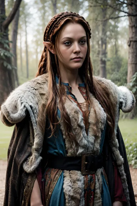 realistic,<lora:Francesca-v1:1>,fr4nc3sc4, 1girl ,(freckles:0.3), standing, blue dress, fur cape,  forest