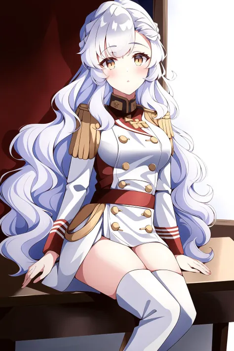 1girl, alpha1918, military clothes, medals, white hair, curls, tank at background, at full size, boots