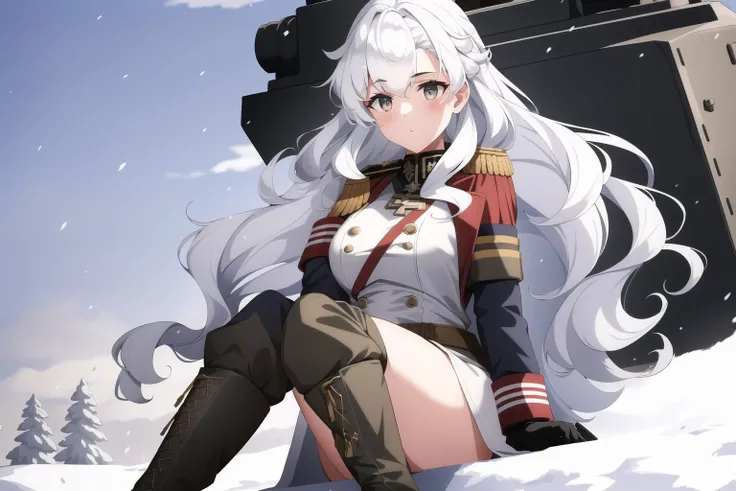1girl, alpha1918, military clothes, medals, white hair, curls, (tank at background), at full size, boots, armored vehicle, military vehicle, winter forest, snow, snowfall
