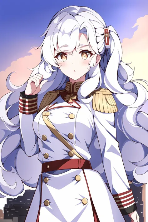 1girl, alpha1918, military clothes, medals, white hair, curls, city background, at full size