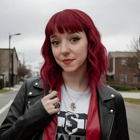 high quality photo of <lora:Amy Shira Teitel:0.8> amy_shira_teitel, red hair,
band shirt, punk makeup, leather jacket
