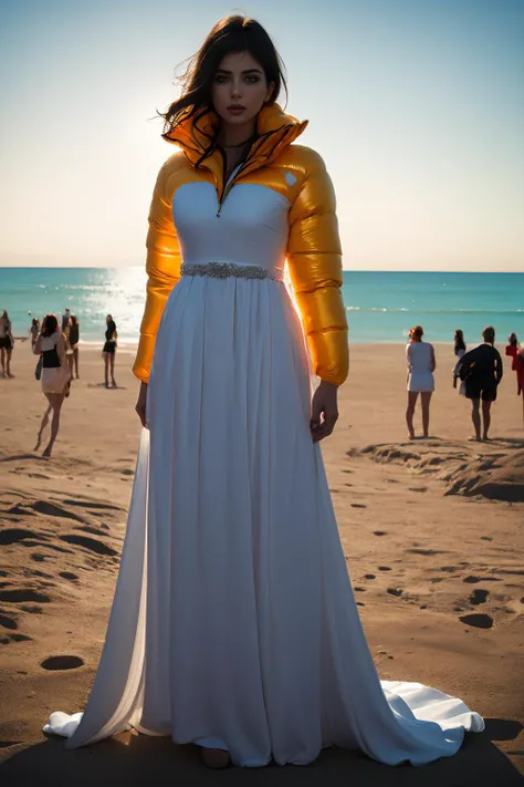 A realistic, stunning portrait of a young, slim, cute, sweet, European woman, radiating elegance and beauty. She is dressed in a fashionable, collared, (colorful:1.0), (shiny and glossy:1.2), (puffer downjacket Wedding dress:1.3), (by parkasite:1.0). (High Yoked:1.2). The lighting is soft, highlighting her features and emphasizing the high glossy texture of her clothes. Cinematic lighting, very cold, high resolution, (winter fashion:1.2), (midday on a very hot summer day on crowded beach:1.5), realistic shading, digital painting, artstation, sweetest, cutest. (tempting:1.5) (close up shot:0.0) (cowboy shot:0.0). Spotlight, <lora:Parkasite_v10:0.8>