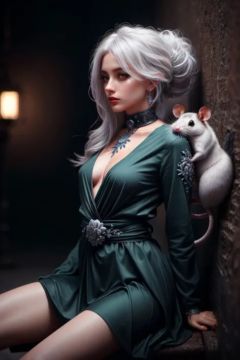 (1 beautiful sharp woman:1.2),European woman,(a rat sits on a woman's shoulder, a small black rat, a small animal rat:1.2),(below the waist:1.4),beautiful majestic pose,
(white hair gathered in a hairstyle, gathered hairstyle, hair twisted and lifted up, strands near the face:1.2),beautiful hairstyle,Hollywood hairstyle,
long fitted dress,thigh-high neckline,(chic outfit, decorative outfit, lots of details, lots of details, lots of layers:1.6),(beautiful black outfit, beautiful majestic outfit, collar, royal outfit:1.2),armor,metal corset,
gloomy atmosphere,gloom,darkness,night,plague,
Background of destruction,(background of a pack of rats:1.4),
atmosphere of horror,atmosphere of fear,atmosphere of horror,horsemen of the apocalypse,
Professional photography,depth of field,85 mm,realism,hyperrealism,
RAW,phenomenal aesthetics,luxurious graphics (masterpiece, best quality:1.3),Backlight,Intricate details,
Intricate,Detailed,Perfect composition,Intricate details,Masterpiece,<lora:hairdetailer:0.7>,<lora:VikingPunkAI:0.5>,<lora:Furtastic_Detailer:0.5>,