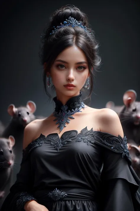 (1 beautiful sharp woman:1.2),European woman,(a rat sits on a woman's shoulder, a small black rat, a small animal rat:1.2),(below the waist:1.4),beautiful majestic pose,
(white hair gathered in a hairstyle, gathered hairstyle, hair twisted and lifted up, strands near the face:1.2),beautiful hairstyle,Hollywood hairstyle,
long fitted dress,thigh-high neckline,(chic outfit, decorative outfit, lots of details, lots of details, lots of layers:1.6),(beautiful black outfit, beautiful majestic outfit, collar, royal outfit:1.2),armor,metal corset,
gloomy atmosphere,gloom,darkness,night,plague,
Background of destruction,(background of a pack of rats:1.4),
atmosphere of horror,atmosphere of fear,atmosphere of horror,horsemen of the apocalypse,
Professional photography,depth of field,85 mm,realism,hyperrealism,
RAW,phenomenal aesthetics,luxurious graphics (masterpiece, best quality:1.3),Backlight,Intricate details,
Intricate,Detailed,Perfect composition,Intricate details,Masterpiece,<lora:hairdetailer:0.7>,<lora:VikingPunkAI:0.5>,<lora:Furtastic_Detailer:0.5>,