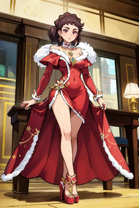 masterpiece, best quality, <lora:edgRedReindeerRuby:1.3> edgreindeerruby, ruby necklace, large ruby stone <lora:diantha-nvwls-v1-final:0.8> diantha, necklace, red dress, high heels, earrings